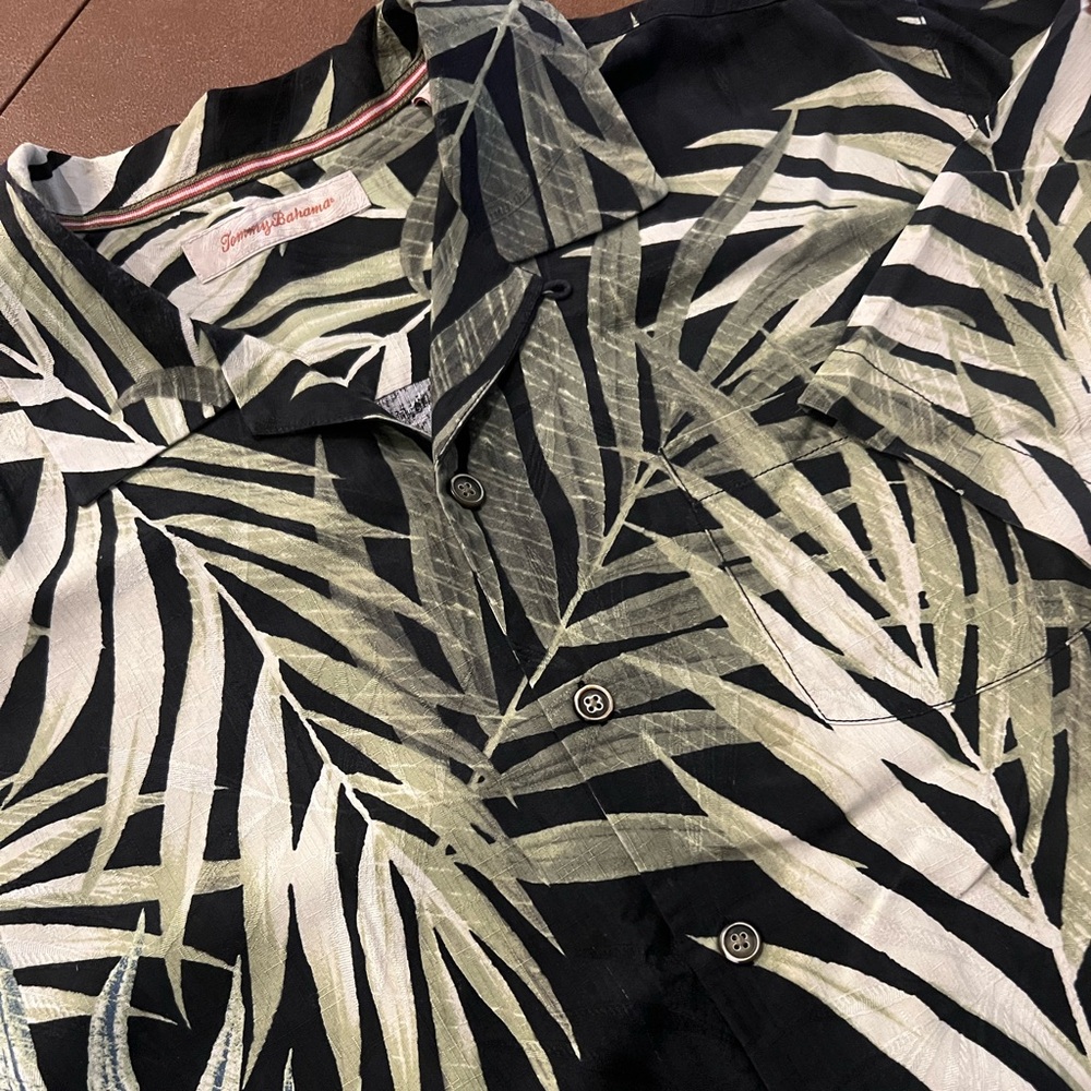 Tommy Bahama Black and Green Leaf Print Silk Shirt